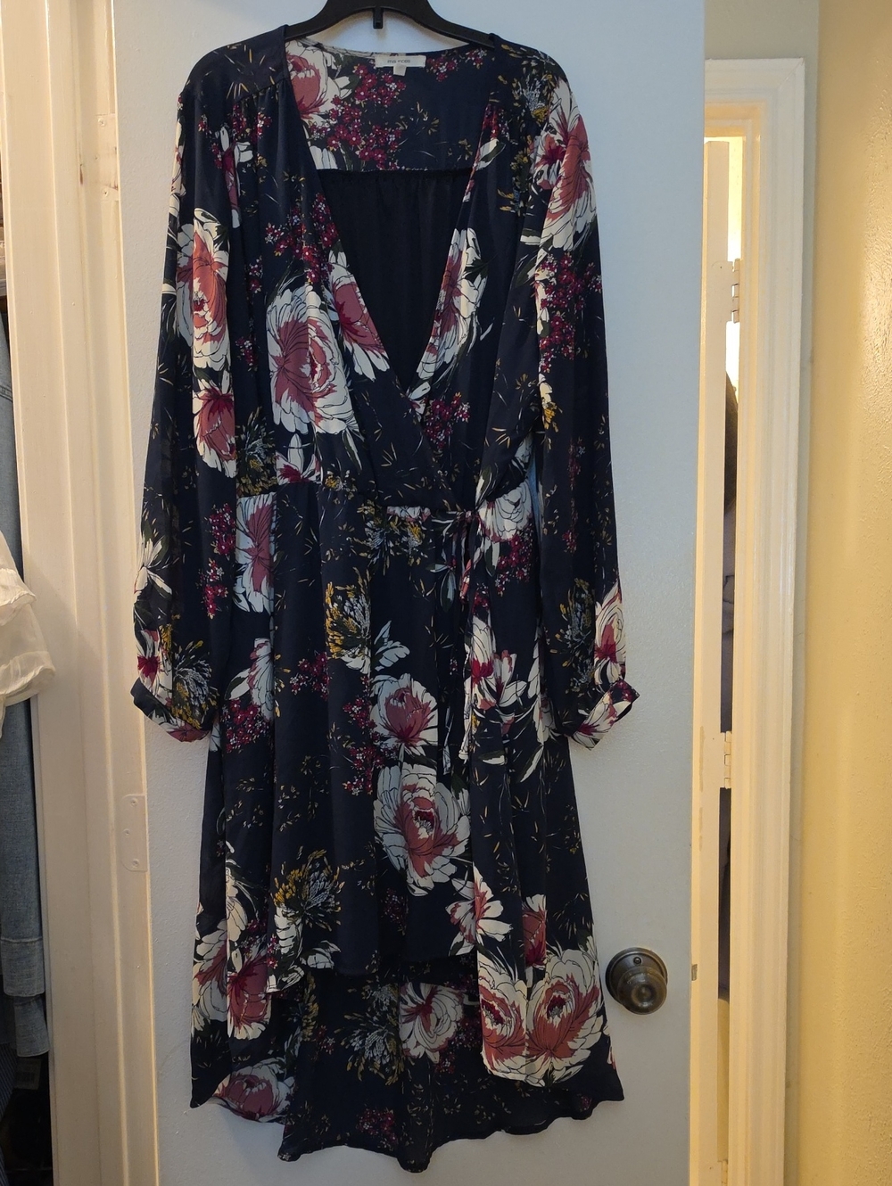 Maurices Navy High-Low Floral Wrap Dress with Rose Accents